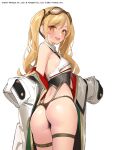  1girl :d ass azur_lane bare_shoulders black_panties black_shirt blonde_hair breasts coat collared_shirt commentary_request cowboy_shot crop_top from_behind goggles goggles_on_head highres leonardo_da_vinci_(azur_lane) long_hair looking_at_viewer no_pants off_shoulder official_art open_clothes open_coat open_mouth orange_eyes panties popqn shirt sleeveless sleeveless_shirt small_breasts smile solo standing string_panties thigh_strap thighs thong twintails twisted_torso underwear white_coat 