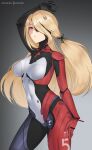  1girl absurdres arm_up blonde_hair bodysuit covered_navel cowboy_shot gradient gradient_background grey_background highres hioyami long_hair looking_at_viewer nemesis parted_lips red_eyes simple_background solo tower_of_fantasy 