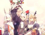  3boys antlers arknights aruke0 black_hair black_shirt character_request closed_eyes faust_(arknights) gift highres horns mask mephisto_(arknights) multiple_boys open_mouth patriot_(arknights) reindeer_antlers ribbon shirt short_hair skull skull_on_head white_hair white_shirt 