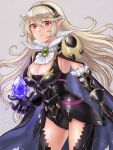  1girl armpits black_cape black_gloves black_thighhighs blush breasts cape cleavage corrin_(fire_emblem) corrin_(fire_emblem)_(female) detached_collar dragonstone fire_emblem fire_emblem_fates fire_emblem_heroes gem gloves grey_background grey_hair hairband hazuki_(nyorosuke) highres large_breasts leotard long_hair looking_at_viewer official_alternate_costume pointy_ears red_eyes simple_background sleeveless smile solo stone thighhighs torn_cape torn_clothes 