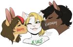  2022 blonde_hair canid canine digital_media_(artwork) domestic_cat equid equine eyebrows eyelashes felid feline felis green_eyes group hair horse kissing kittydee mammal open_mouth smile teeth tongue trio 