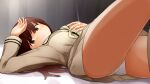  1girl ass_visible_through_thighs bangs bed_sheet black_background blush brown_hair closed_mouth cowboy_shot expressionless hair_between_eyes highres kantai_collection leg_up light_rays long_hair long_sleeves looking_at_viewer on_bed ooi_(kancolle) panties pleated_skirt sailor_collar shirt skirt solo sunbeam sunlight underwear uniform upskirt white_background white_panties yellow_sailor_collar yellow_shirt yellow_skirt yotubawatane 