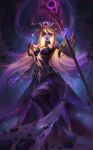  1girl absurdres bangs bare_shoulders blonde_hair colored_skin dark_cosmic_lux detached_sleeves dress glowing hair_ornament highres holding holding_staff league_of_legends long_hair looking_at_viewer lux_(league_of_legends) magic official_alternate_costume purple_dress purple_skin shiny shiny_hair shoes signature solo space staff wang_bu_chou 