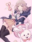  1girl absurdres animal_ears animal_hood bangs black_jacket bow brown_skirt buttons cat_ears cat_hood collared_shirt danganronpa_(series) danganronpa_2:_goodbye_despair dress_shirt ear_bow fake_animal_ears flipped_hair foot_out_of_frame galaga hair_ornament highres holding holding_staff hood hood_down jacket layered_skirt long_sleeves looking_at_viewer namiharuru nanami_chiaki neck_ribbon open_clothes open_jacket open_mouth pink_bow pink_eyes pink_ribbon ribbon school_uniform shirt shirt_tucked_in skirt solo staff thighhighs usami_(danganronpa) wings zettai_ryouiki 