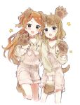  2girls :o ahoge amasaki333 animal_ears animal_hands bangs blunt_bangs blush brown_hair brown_hoodie cropped_legs dog_ears dog_paws dog_tail fang highres hood hoodie idolmaster idolmaster_million_live! idolmaster_million_live!_theater_days looking_at_viewer multiple_girls ogami_tamaki shorts simple_background sketch smile standing standing_on_one_leg star_(symbol) suou_momoko suspender_shorts suspenders swept_bangs tail white_background 