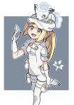  1girl :d aether_foundation_uniform alolan_vulpix alternate_costume blonde_hair border commentary_request gloves green_eyes grey_background hand_up hat highres lillie_(pokemon) logo long_hair on_head open_mouth outline overalls pantyhose pokemon pokemon_(anime) pokemon_(creature) pokemon_on_head pokemon_sm_(anime) ponytail smile sutokame tongue white_border white_gloves white_headwear white_overalls white_pantyhose 