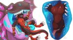  anthro balls black_body black_scales black_tail blue_tongue claws dragon duo erection front_view genitals grin hi_res imperatorcaesar in_mouth knot male maw_(imperatorcaesar) muscular muscular_anthro muscular_male narrowed_eyes oral_vore red_balls red_body red_scales red_sheath red_tail red_tongue scales signature smile spread_legs spreading tongue vore white_claws yellow_eyes 