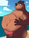  abdominal_bulge after_vore anthro balls belly big_belly brown_body brown_fur buhk erection eyewear fur genitals glasses hand_on_stomach hi_res male mammal muscular muscular_male penis same_size_vore tongue tongue_out ursid vore 