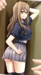  arm_behind_head ass belt blue_belt blue_jacket breasts brown_eyes brown_hair glasses grey_skirt hair_between_eyes hand_on_hip highres jacket kobamiso_(kobalt) large_breasts long_hair looking_back lycoris_recoil nakahara_mizuki panties pantyshot parted_lips pleated_skirt purple_panties red-framed_eyewear school_uniform short_sleeves skirt smile underwear 