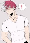  ! 1boy agehrak blue_eyes boku_no_hero_academia burn_scar dated grey_background grey_eyes heterochromia highres looking_at_viewer male_focus multicolored_hair red_hair scar scar_on_face shirt simple_background solo split-color_hair spoken_exclamation_mark todoroki_shouto two-tone_hair upper_body v-neck white_hair white_shirt 