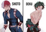  2boys absurdres agehrak blue_bodysuit blue_eyes bodysuit boku_no_hero_academia burn_scar character_name freckles green_bodysuit green_eyes green_hair grey_eyes hand_on_hip heterochromia highres male_focus midoriya_izuku multicolored_hair multiple_boys multiple_scars pectoral_cleavage pectorals red_hair scar scar_on_arm scar_on_face scar_on_hand simple_background split-color_hair standing todoroki_shouto topless_male two-tone_hair white_background white_hair 