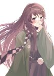  1girl absurdres aoko_(myut7287) artist_name bangs checkered_clothes checkered_scarf closed_mouth forbidden_scrollery futatsuiwa_mamizou futatsuiwa_mamizou_(human) glasses green_kimono highres japanese_clothes kimono leaf leaf_on_head long_hair long_sleeves looking_at_viewer raccoon_girl scarf simple_background smile solo touhou white_background 