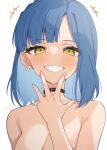  +++ 1girl bangs binsen black_choker blue_hair blunt_bangs blush breasts choker earrings flower_earrings grin hand_to_own_mouth highres idolmaster idolmaster_million_live! jewelry looking_at_viewer medium_breasts nanao_yuriko nude simple_background smile solo upper_body white_background yellow_eyes 