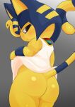  2022 absurd_res animal_crossing ankha_(animal_crossing) anthro blush bottomless butt clothed clothing clothing_lift digital_media_(artwork) domestic_cat felid feline felis gradient_background hi_res looking_at_viewer mammal nintendo simple_background solo type video_games 