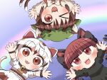  3girls :3 :d animal_ears arms_up bell bow brown_eyes cat_ears cat_tail chen collar dress from_below goutokuji_mike happy highres jingle_bell kaenbyou_rin multiple_girls multiple_tails neck_bell nekomata one_eye_closed open_hand open_hands open_mouth outstretched_arms outstretched_hand palms pov rokugou_daisuke smile spread_fingers tail touhou two_tails waving 