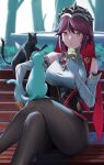  1girl bare_shoulders bench blurry blurry_background breasts bright_pupils brown_pantyhose cat crossed_legs detached_sleeves eating elbow_gloves elbow_rest feet_out_of_frame food food_in_mouth genshin_impact gloves gold_trim habit hair_flaps highres holding holding_food ice_cream_cone large_breasts looking_at_another multicolored_clothes multicolored_headwear multiple_cats outdoors pantyhose red_eyes red_hair rosaria_(genshin_impact) shirt short_hair sidelocks sitting sleeveless sleeveless_shirt solo sweatdrop thighs tiara tree veil white_gloves white_pupils white_shirt yonoki 