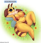  anthro areola areola_slip arthropod artist_name bee big_areola big_breasts blush bra breasts camel_toe clothing female hi_res hymenopteran insect kyodashiro looking_at_viewer lying nipple_outline on_back panties slightly_chubby smile smiling_at_viewer solo thick_thighs underwear yellow_body 