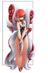  1girl bad_proportions bare_shoulders breasts cleavage full_body gun hair_over_one_eye holding holding_gun holding_own_arm holding_weapon long_hair medium_breasts monster_girl red_eyes red_hair scylla solo standing suction_cups tentacle_hair tentacles thick_thighs thighs weapon white_background yaodelanmao 