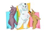 absurd_res anthro balls belly blush body_hair canid canine canis digital_media_(artwork) erection fan_character fur genitals group hair hi_res lagomorph leporid male mammal muscular muscular_male nipples nude original_characters overweight overweight_male penis polar_bear rabbit simple_background slightly_chubby smile trio ursid ursine wolf yellowanubiz 