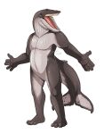  anthro blue_eyes cetacean featureless_crotch forked_tail front_view glistening glistening_eyes glistening_tongue grey_body grey_tail hi_res imperatorcaesar male mammal marine nude open_mouth plantigrade red_tongue signature simple_background solo standing tongue unusual_anatomy unusual_tail white_background 