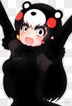  1girl animal_ears bear_ears bear_girl black_fur black_gloves black_hair black_shirt blush elbow_gloves extra_ears fur_collar fur_trim gloves grey_eyes hair_ornament heart heart_hair_ornament highres hikarikmy kemono_friends kemono_friends_3 kumamon_(kemono_friends) long_hair multicolored_hair red_hair shirt sidelocks solo star_(symbol) star_hair_ornament tank_top white_hair 