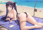  1girl alternate_breast_size alternate_costume ass bangs bare_arms bare_legs bare_shoulders barefoot beach beach_mat bikini black_hair black_ribbon breasts cleavage crab crescent day fishing_rod foot_out_of_frame genshin_impact green_eyes hair_ribbon highres large_breasts long_hair looking_at_viewer lotion lotion_bottle lying mona_(genshin_impact) ocean on_stomach outdoors parted_lips purple_bikini ribbon sand satomi_(745684552) side-tie_bikini solo starfish string_bikini swept_bangs swimsuit thighlet twintails untied untied_bikini very_long_hair wet 