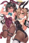  2girls akigumo_(kancolle) akigumo_kai_ni_(kancolle) animal_ears black_hair black_leotard blue_bow blue_bowtie bow bowtie breasts brown_hair brown_pantyhose censored cleavage colored_inner_hair commentary_request cowboy_shot detached_collar drawing_tablet gradient_eyes green_eyes grey_thighhighs grin hair_down hair_ribbon highres kantai_collection large_breasts leotard long_hair looking_at_viewer mole mole_under_eye mosaic_censoring multicolored_eyes multicolored_hair multiple_girls naganami_(kancolle) naganami_kai_ni_(kancolle) nijimoto_hirok one-piece_tan pantyhose pink_hair playboy_bunny ponytail purple_leotard rabbit_ears rabbit_tail ribbon simple_background smile tail tan tanlines thighhighs two-tone_hair wavy_hair white_background wrist_cuffs 