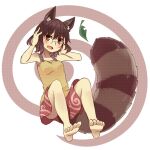  1girl :o animal_ears armpits arms_up bangs brown_eyes brown_hair brown_shirt brown_skirt full_body futatsuiwa_mamizou glasses leaf looking_at_viewer niwatori_(shimatori042) open_mouth raccoon_ears raccoon_girl raccoon_tail shirt skirt sleeveless sleeveless_shirt soles solo tail toes touhou white_background 