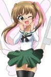  1girl ass_visible_through_thighs bangs black_neckerchief black_thighhighs brown_eyes brown_hair commentary_request girls_und_panzer glasses green_skirt hanzou highres long_hair long_sleeves looking_at_viewer neckerchief one_eye_closed ooarai_school_uniform oono_aya pleated_skirt sailor_collar school_uniform serafuku shirt skirt smile solo thighhighs twintails white_sailor_collar white_shirt 