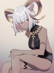  1girl animal_ears arknights bare_shoulders beudelb black_swimsuit brown_background carnelian_(arknights) carnelian_(shining_dew)_(arknights) casual_one-piece_swimsuit dark-skinned_female dark_skin feet_out_of_frame goat_ears goat_girl goat_horns gradient gradient_background highres horn_ornament horns invisible_chair looking_at_viewer official_alternate_costume one-piece_swimsuit red_eyes simple_background sitting solo swimsuit thigh_strap white_hair 