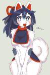  2022 absurd_res anthro asian_mythology black_hair blue_eyes bottomless breasts canid canine canis clothed clothing cute_fangs domestic_dog east_asian_mythology female female_anthro fluffy fur hair hi_res japanese_mythology japanese_text kayama_akimaru kemono mammal mythology open_mouth portrait solo text three-quarter_portrait tongue tongue_out translation_request under_boob white_body white_fur 