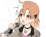  1girl :o bangs binsen black_choker blush brown_eyes brown_hair character_request choker collarbone grey_jacket hair_between_eyes hair_ornament hands_up highres holding holding_microphone idolmaster idolmaster_million_live! jacket jewelry long_hair looking_away microphone microphone_stand necklace open_clothes open_jacket open_mouth pink_shirt shirt solo star_(symbol) star_necklace 
