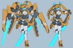  1girl absurdres batayu blue_eyes blue_sclera blue_tongue colored_sclera colored_tongue full_body highres holding holding_sword holding_weapon looking_at_viewer mecha_musume one_eye_closed open_mouth original smile solo sword weapon 