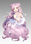  1girl :d air_bubble armlet bottle bracelet breasts brown_eyes bubble cleavage clover_theater double_bun full_body gradient gradient_background grey_background hair_bun jewelry kyuri_tizu long_hair medium_breasts monster_girl perfume_bottle pointy_ears purple_hair scylla simple_background smile tentacles 