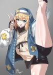  1boy absurdres bangs bike_shorts black_gloves black_ribbon black_shirt blonde_hair blue_eyes blue_jacket blush bridget_(guilty_gear) bulge fingerless_gloves gloves guilty_gear guilty_gear_strive habit hair_between_eyes highres hood hood_up hooded_jacket jacket leg_hold long_hair long_sleeves open_mouth otoko_no_ko ppangkkaru ribbon shirt sidelocks signature split standing standing_on_one_leg standing_split thighs v 