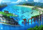  abandoned animal bird blue_sky cloud commentary_request day flood highres horizon no_humans ocean original outdoors overgrown palm_tree post-apocalypse ruins scenery sign sky stadium tokyogenso tree water 