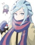  1boy ? ?? aqua_eyes aqua_hair arrow_(symbol) blush closed_mouth commentary grusha_(pokemon) hand_up highres holding holding_poke_ball jacket long_hair long_sleeves male_focus milka_(milk4ppl) mittens multiple_views poke_ball poke_ball_(basic) pokemon pokemon_(game) pokemon_sv scarf shy sidelocks upper_body white_background yellow_jacket 