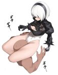 1boy 1girl bald black_gloves blindfold breasts cleavage gloves hairband highres leotard mole mole_under_mouth nier_(series) nier_automata puffy_sleeves senju_(snz0) short_hair simple_background sweat thighs white_background white_hair yorha_no._2_type_b 
