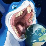  1:1 anthro black_body black_ears black_fur blue_body blue_ears blue_eyes blue_fur blue_nose bodily_fluids cloud cosmic_background earth front_view fur glistening glistening_eyes glistening_tongue imperatorcaesar male mouth_shot object_vore open_mouth pink_tongue planet_vore saliva saliva_on_tongue signature solo space space_background tan_teeth tongue vore whiskers white_body white_fur white_inner_ear 