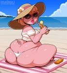  2022 anthro beach beach_blanket beverage big_butt breasts butt container cup domestic_pig drinking drinking_glass drinking_straw eyewear female glass glass_container glass_cup huge_butt ice imadeej lipstick looking_at_viewer looking_back looking_back_at_viewer makeup mammal outside seaside sitting solo suid suina sun_hat sunglasses sunscreen sus_(pig) 