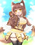  1girl :d angel_wings animal_ear_fluff animal_ears backpack bag bangs black_thighhighs blue_sky blush breasts brown_hair brown_jacket cleavage cloud commentary_request cropped_jacket day dress fang feathered_wings frilled_dress frills hair_between_eyes halo hands_on_hips jacket long_hair long_sleeves low_twintails low_wings medium_breasts open_clothes open_jacket original outdoors shikito skindentation sky smile solo tail thighhighs twintails v-shaped_eyebrows very_long_hair white_wings wings yellow_dress yellow_eyes 