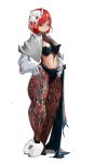  1girl armor breast_tattoo breasts gauntlets hands_on_hips highres leg_tattoo looking_at_viewer mask medium_breasts midriff navel original red_eyes red_hair short_hair shoulder_armor simple_background skull skull_mask solo standing tattoo thick_thighs thighs white_background yaodelanmao 