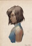  1girl artist_name avatar_(series) bare_shoulders blue_eyes blue_shirt breasts brown_hair dark-skinned_female dark_skin hair_between_eyes high_collar korra looking_to_the_side medium_breasts messy_hair okha shirt short_hair sketch sleeveless sleeveless_shirt solo the_legend_of_korra upper_body 