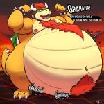  1:1 anthro armpit_hair belly big_belly body_hair bowser chest_hair dialogue english_text flexing hair horn koopa male mario_bros morbidly_obese muscular muscular_male navel nintendo obese overweight overweight_male red_hair rumbling_stomach scalie sharp_teeth solo strongfat tanio teeth text video_games 