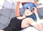  1girl armpits blue_eyes blue_hair camisole casual couch funi_mu9 highres hololive hoshimachi_suisei looking_at_viewer lying medium_hair on_back open_mouth solo sweat upper_body virtual_youtuber 