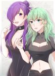 2girls :d bangs black_choker black_dress breasts byleth_(fire_emblem) byleth_(fire_emblem)_(female) choker cleavage cleavage_cutout clothing_cutout collarbone crop_top dress drop_shadow fire_emblem fire_emblem:_three_houses fire_emblem_warriors:_three_hopes green_eyes green_hair grey_background hair_bun hair_over_one_eye hand_up highres large_breasts long_hair looking_at_another midriff multiple_girls navel open_mouth purple_eyes purple_hair shez_(fire_emblem) shez_(fire_emblem)_(female) smile stomach upper_body very_long_hair yutohiroya 
