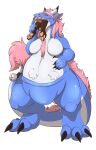  ambiguous_gender anthro belly big_belly black_claws black_horn blue_body blue_ears blue_tail chest_tuft claws dipstick_horn duo fangs female hi_res horn imperatorcaesar multicolored_horn overweight overweight_anthro overweight_female pink_tail_tuft pouch_(anatomy) same_size_vore signature tail_tuft tuft vore white_body white_horn white_tail 