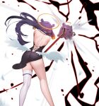  1girl ass bare_back crowbar energy facing_away from_behind halo highres hitting hololive legs long_hair low_wings ninomae_ina&#039;nis photo_(object) purple_hair single_thighhigh takodachi_(ninomae_ina&#039;nis) thighhighs tungsten_(kwfr4544) twitter_username virtual_youtuber white_background white_thighhighs wings 