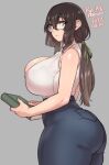  1girl agawa_ryou ass black_hair breasts collared_shirt curvy denim glasses huge_ass huge_breasts jeans long_hair looking_at_viewer looking_back low_ponytail open_clothes open_shirt original pants partially_unbuttoned plump ponytail shirt short_ponytail sideboob sidelocks sleeveless thick_thighs thighs unbuttoned unbuttoned_shirt wide_hips 