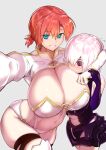  2girls @_@ blue_eyes blush boudica_(fate) breasts cleavage cmaoyan elbow_gloves fate/grand_order fate_(series) gloves grin hair_over_one_eye highres huge_breasts mash_kyrielight midriff multiple_girls navel purple_eyes purple_hair red_hair revealing_clothes short_hair short_ponytail smile strapless thigh_strap tube_top zettai_ryouiki 